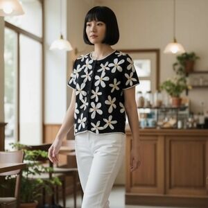 RARE 1999 Vintage‎ Michael Simon Classic Chic Black Daisy Knit Sweater Size S